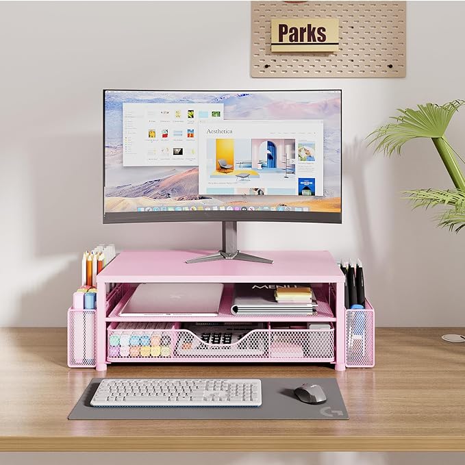 Desk Organizer and Accessories, 2-Tier Computer Monitor Stand Riser with Drawer and 2 Pen Holders, Laptop Stand, Office Desk Accessories for Office Supplies, 1 Pack, Pink - Image 2