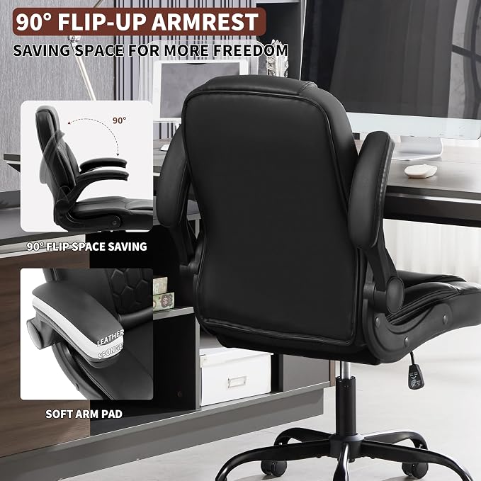 Leather Office Chair Swivel Lumbar Support for Short People Black | Executive Office Chair PU,Leather Office Chair with Wheels,360° Swivel Rolling Chair with Padded Arm,Ergonomic Computer Chair - Image 8