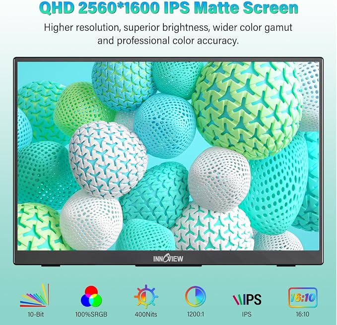 InnoView 16" Portable Monitor 120Hz 2.5K QHD 2160x1600 100% sRGB Laptop Screen Extender | 2 x Type-C & HDMI Portable Monitor for Macbook/Switch/PS5/Xbox(Adapter Excluded) - Image 3