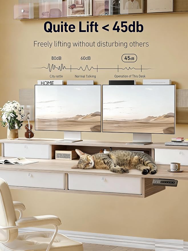 CubiCubi 55" x 30" Standing Electric Desk with Drawers, Light Rustic Brown | Height Adjustable Workstation, Computer Sit Stand Up Office Table with Large Storage Shelf, 4 Drawers and 2 Hooks - Image 6