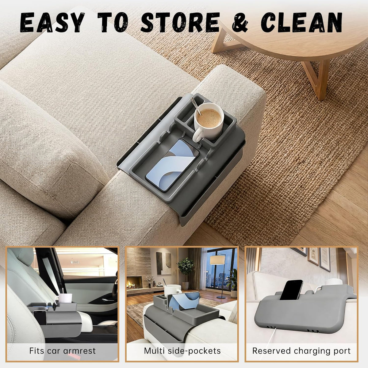 2 PCS Couch Cup Holder Tray, Sofa Armrest Tray with Side Pockets - Image 3