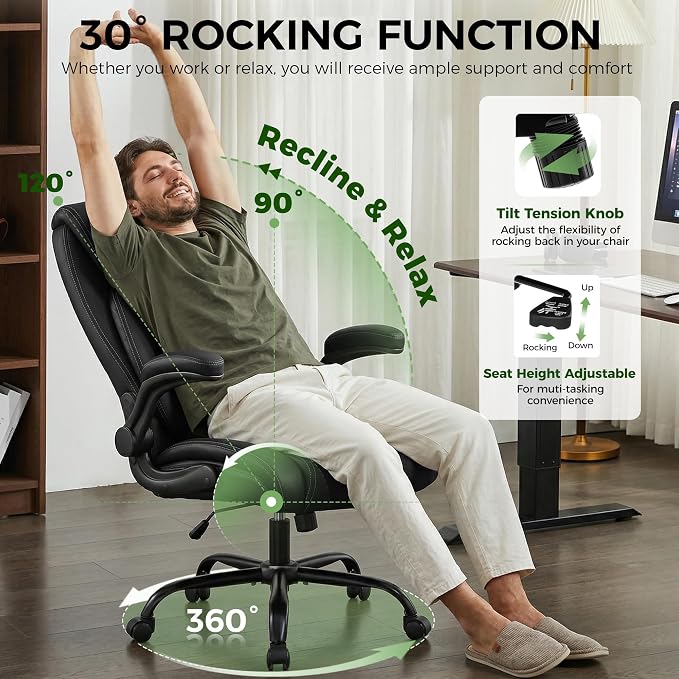 Office Chair, Ergonomic Executive Desk Chair with Lumbar Support for Lower Back Pain Relief, Padded Flip-Up Armrests, Leather Home Office Chair, Black - Image 5