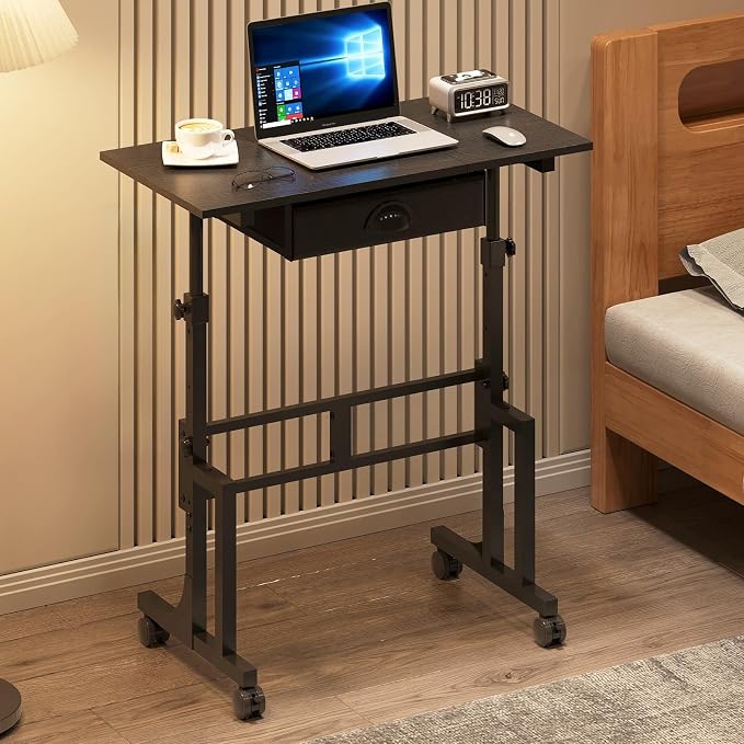 Adjustable Height Standing Desk With Drawer, Rolling Sit Stand Up Desk With Wheels, Small Sit To Stand Computer Desk, Adjustable Desktop Height, On Wheels, Black, For Walking Pad Laptop Treadmill by Cidaziya