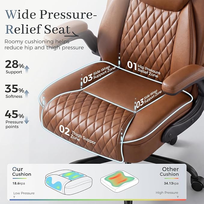 GTPOFFICE Executive Office Chair with Comfortable Lumbar Support, Ergonomic Gaming Chair with Flip-up Armrests & Zoned Pressure-Relief Cushion, Comfy PU Leather Desk Chair, Brown - Image 4
