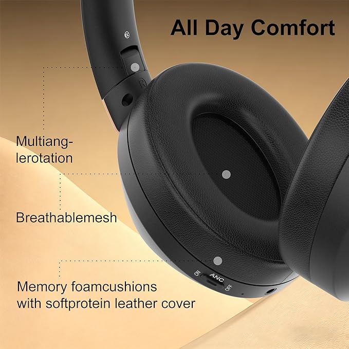 Active Noise Cancelling Headphones, 100H Playtime Headphones Wireless Bluetooth, Bluetooth Headphone with Mic, Over Ear Wireless Headphone with Deep Bass,Fast Charging for Travel - Image 5