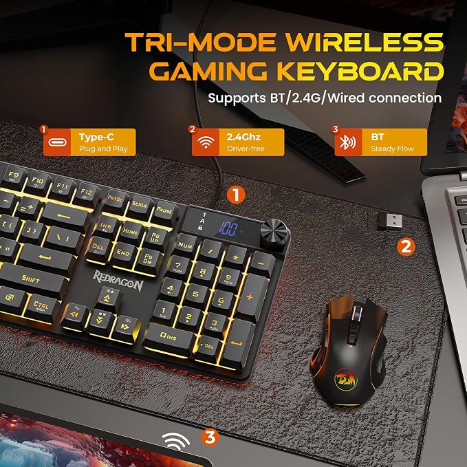 Redragon K521 Pro Wireless Gaming Keyboard with Screen | Mechanical Feeling, Tri-Mode BT/2.4G/USB-C, RGB Keyboard, 12 Multimedia Keys, Programmable Software, Full-size keyboard - Image 3
