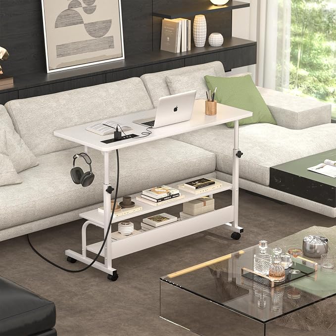 39" Rolling Standing Desk with Charging Station for Couch Bed | Height Adjust 27.5-41", 2 AC/3 USB, Mobile 4 Lockable Wheels, 2-tier Shelves Hook, Safe Corner Fast Assembly - Image 8