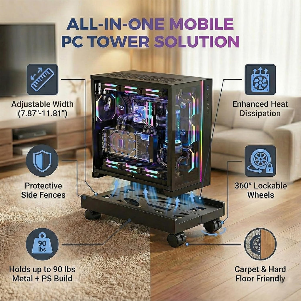 Adjustable Mobile CPU Stand with 4 Caster Wheels - Ventilated Tower Stand, Fits Most PCs - Under Desk CPU Holder, PC Floor Cart, Riser for Gamers and Students (Black) - Image 2