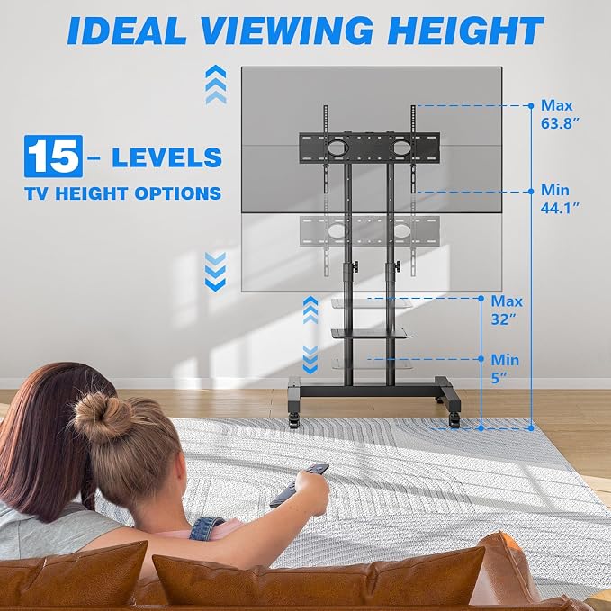 Rfiver Mobile TV Cart Rolling TV Stand for 32-83 Inch Screens up to 110lbs | Portable TV Stand on Wheels with Height Adjustable Shelf, Outdoor TV Stands Mount for Home Office MAX VESA 600x400mm, Black - Image 2