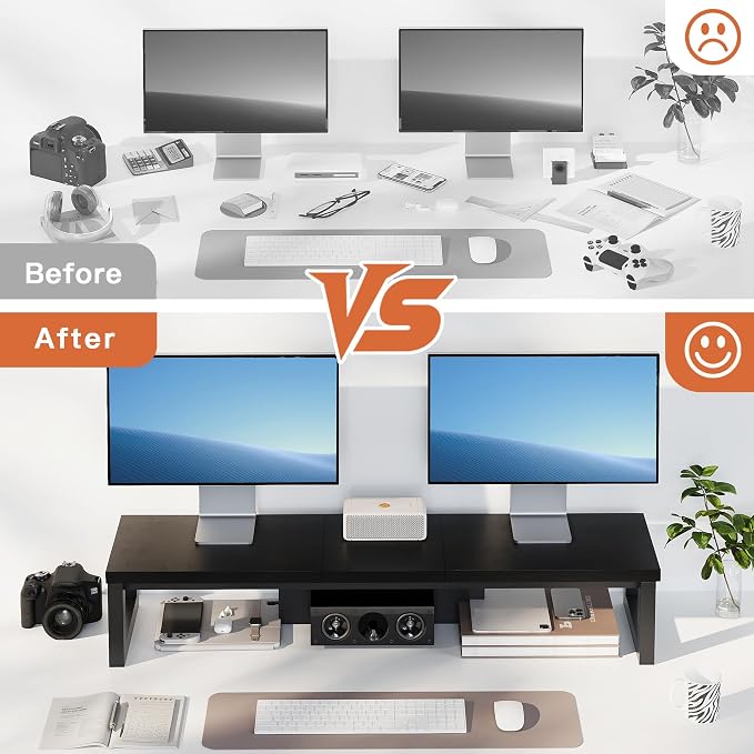 Dual Monitor Stand Riser, Wood and Steel Monitor Stand for Desk, Multi-Purpose Desk Shelf Organizer for Computer, Laptop, Printer, TV, Black - Image 5