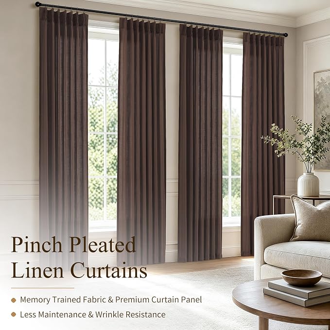 Hokibero Coffee Pinch Pleated Linen Curtains 90 Inch Long for Living Room | Brown Light Filtering Sheer Curtain,Pinch Pleat Back Tab Hooks Rings,Boho Textured Privacy Drapes for Bedroom Window,2 Panels - Image 2