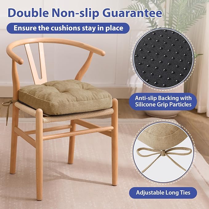IASEAHK Chair Cushions for Dining Chairs, Dining Chair Cushions, Tufted Indoor Chair Pads with Ties & Non Slip Backing, Seat Cushions for Kitchen Chairs 16.5” x 16.5” x 3.5”, Set of 4, Khaki - Image 4