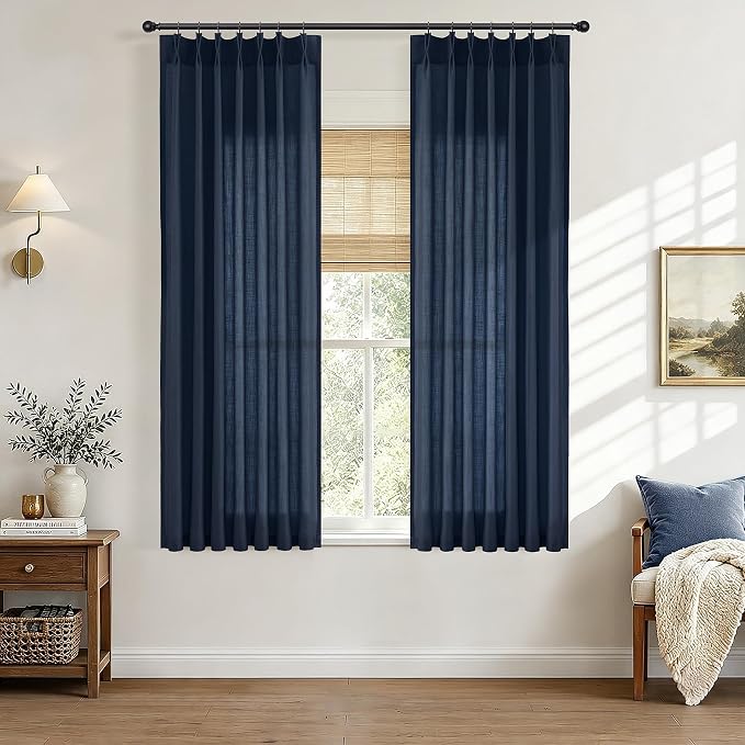 Hokibero Navy Blue Pleated Linen Curtains 63 Inch Long for Living Room | Light Filtering Sheer Curtain,Pinch Pleat Back Tab Hooks Rings,Farmhouse Textured Privacy Drapes for Bedroom Window,2 Panels by Hokibero