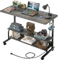 39" Height Adjustable Standing Desk with Power Outlets - Manual Rolling Stand Up Desk with Wheels Small Portable Computer Desk Mobile Laptop Table with Storage Shelves for Home Office, Grey Oak by Besiost