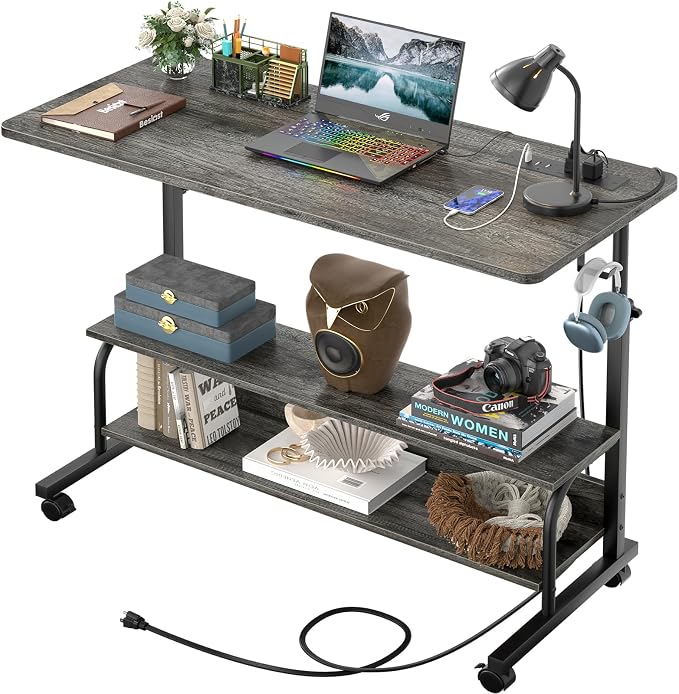 39" Height Adjustable Standing Desk with Power Outlets - Manual Rolling Stand Up Desk with Wheels Small Portable Computer Desk Mobile Laptop Table with Storage Shelves for Home Office, Grey Oak by Besiost