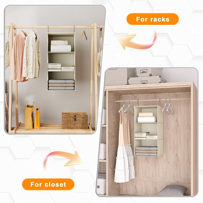 Hanging Closet Organizer 3-Shelf, Oxford Fabric Wardrobe Storage, Beige | Easy-mount foldable design holds clothes, handbags, shoes & accessories; washable Oxford fabric, sturdy and space-saving. - Image 5