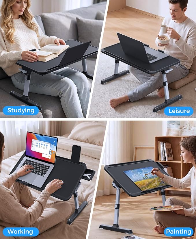HETTHI Laptop Bed Tray Table, Adjustable Sturdy Laptop Stand for Bed with Premium Materials, Folding Portable Lap Desk with Drawer for Writing Working Reading Eating Couch Floor (Black, 22.04"×12.2") - Image 3