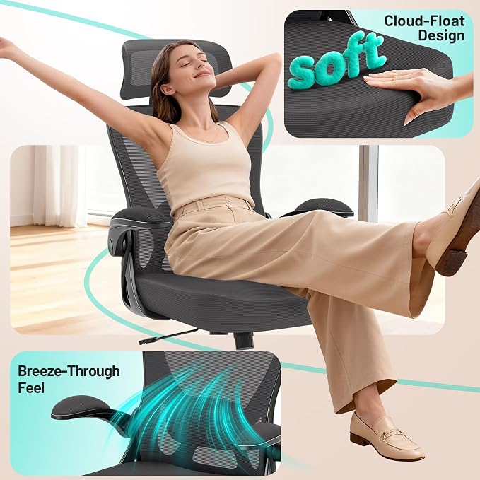 Office Chair - Ergonomic Desk Chair Breathable Mesh Chair with 2D Headrest & Adjustable Lumbar Support - Executive High Back Rolling Swivel Computer Gaming Chair with Wheels Flip-up Armrests - Image 7