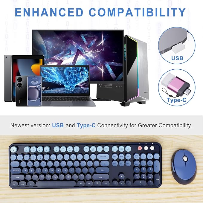 Wireless Keyboard and Mouse Combo, Ergonomic Full Size Typewriter Retro Round Keycaps Keyboard, Compatible with Windows, PC, Perfer for Home and Office Keyboards (Twilight Blue - Image 2