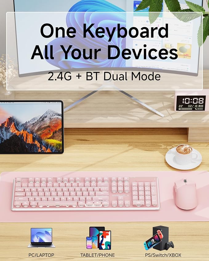 V3 Wireless Keyboard and Mouse Combo, Bluetooth/2.4G Rechargeable Light up Quiet Computer Wireless Keyboard and Mouse with White Backlit, Metal Panel-Pink - Image 4