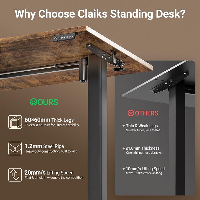 Claiks Electric Height Adjustable Standing Desk, 40x24 Inch, Rustic Brown | Smooth Height Adjustment, 3 Memory Presets, Cable management hub & hook, Stable Steel Frame, 156 lbs Capacity, Easy Assembly - Image 7