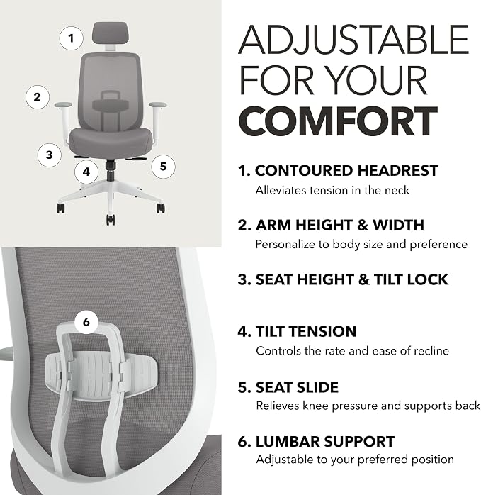 HON Altern Ergonomic Office Chair, Office Desk Computer Chair, Frost | Mesh desk chair with lumbar support, headrest, seat slide, adjustable arms, computer chair for home office productivity - Image 4