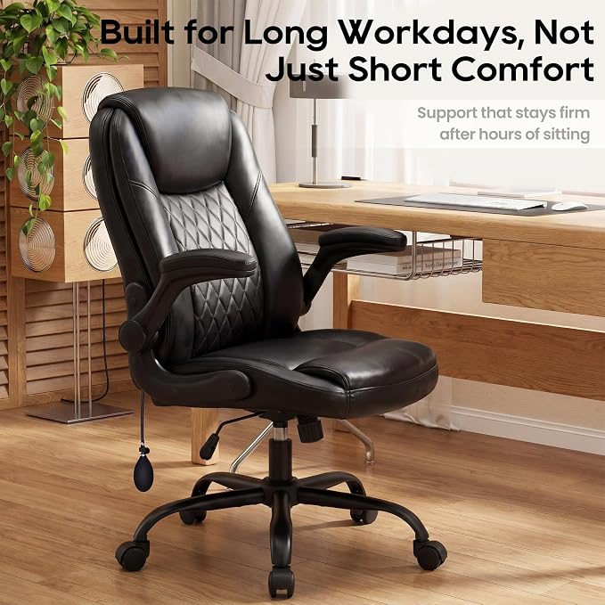 MALOL Leather Office Chair with Adjustable Lumbar Support Set of 2, Black | Computer Desk Chair with Thick Cushion, Flip-Up Arms and Ergonomic Back, Comfy Executive Office Chair for Home Office Gaming - Image 11