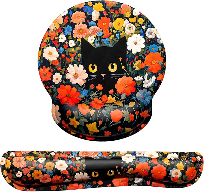 Dapesuom Keyboard Wrist Rest and Mouse Pad with Wrist Support, Cute Memory Foam Cushion for Keyboard and Mouse Set, Desktop Pad Rests with Non Slip Base for Easy Typing & Pain Relief, Cat Flower Bush by Unknown