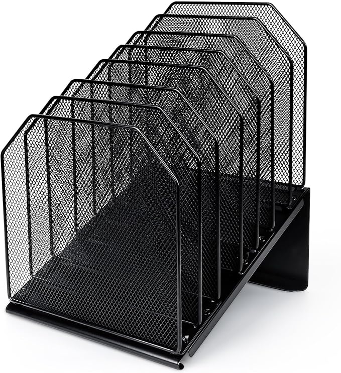 SUMMORO Inclined File Organizer for Desk, 7-Section Vertical File Holder | Office Desk Organizer Metal Rack File Folder, Wire Mesh Desktop Document Sorter, for Office School Classroom Home (Black) by SUMMORO