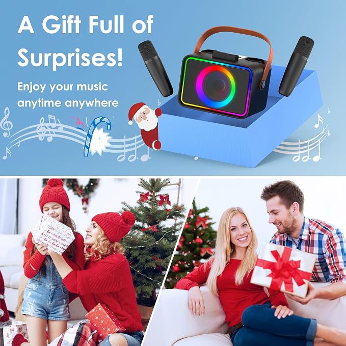 Karaoke Machine for Kids Adults,Portable Bluetooth Speaker with 2 Wireless Microphone with LED Lights, Karaoke Microphone with PA System Supports USB/TF/AUX,Gift for Party (Black) - Image 6