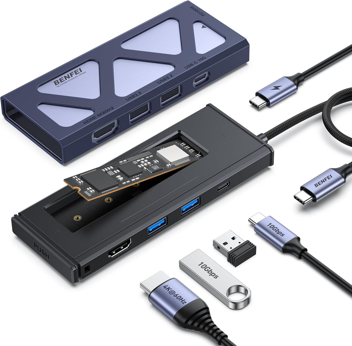 BENFEI 6-in-1 USB C Hub with M.2 NVMe SSD Enclosure, 10Gbps USB 3.2 Ports (2×USB-A + 1×USB-C), 100W PD, 4K@60HZ HDMI–Compatible with MacBook Pro/Air, iPad Pro, Dell XPS, Surface Pro by BENFEI