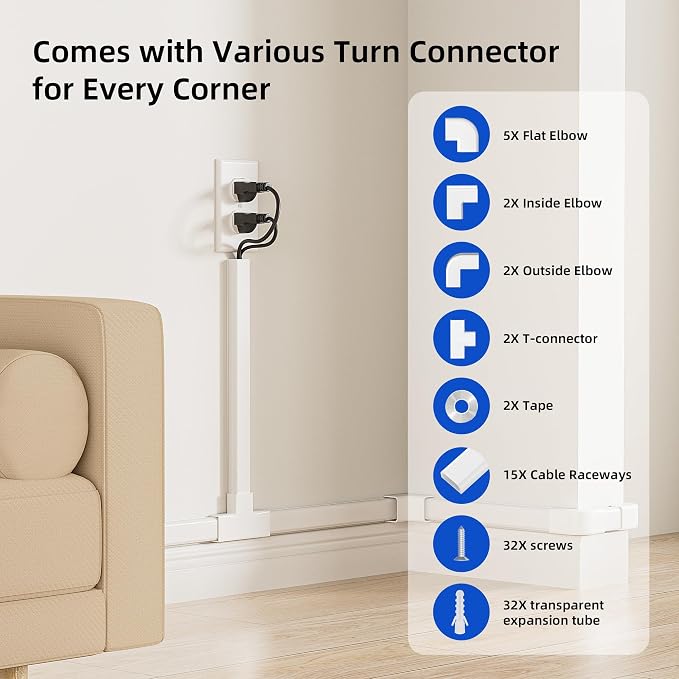Delamu Large 236in Cord Hider for 3-4 Cords, Cord Covers for Wires on Wall, Easier Install Wire Covers for Cords on Wall, Cable Wire Hider, Cable Cover Management Raceway, W1.18 H0.63in, White - Image 3