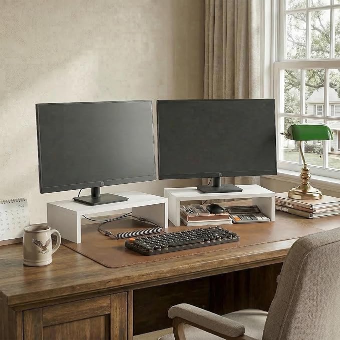 Furinno CLASSIC Monitor Stand Riser Set of 2, 15.7" Wide Dual Monitor Riser, Stackable Separable Laptop Stand for Desk, Desktop Organizers and Accessories, for Office Supplier, White by Furinno-FitsYourSpaceFitsYourBudget