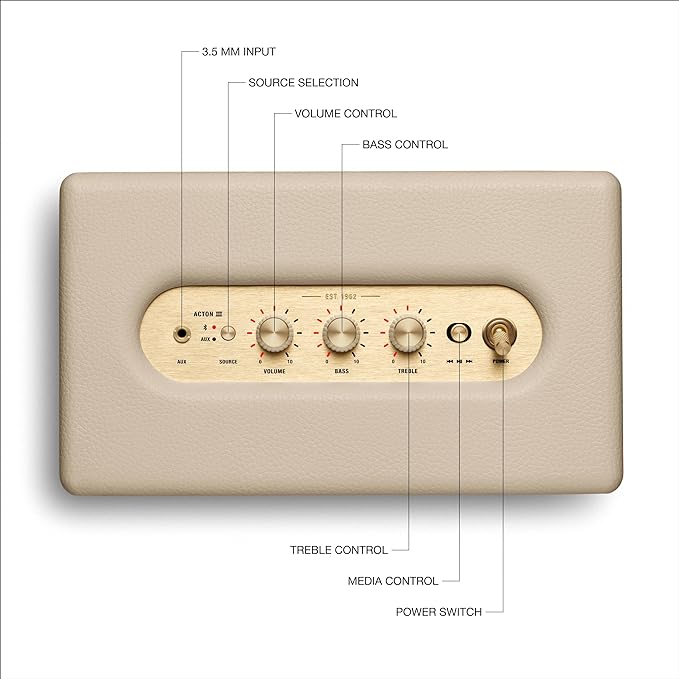 Marshall Acton III Bluetooth Home Speaker - Loud Stereo Sound with Bass and Treble Controls | Plug-in Powered | 3.5mm Aux Input - Cream - Image 6