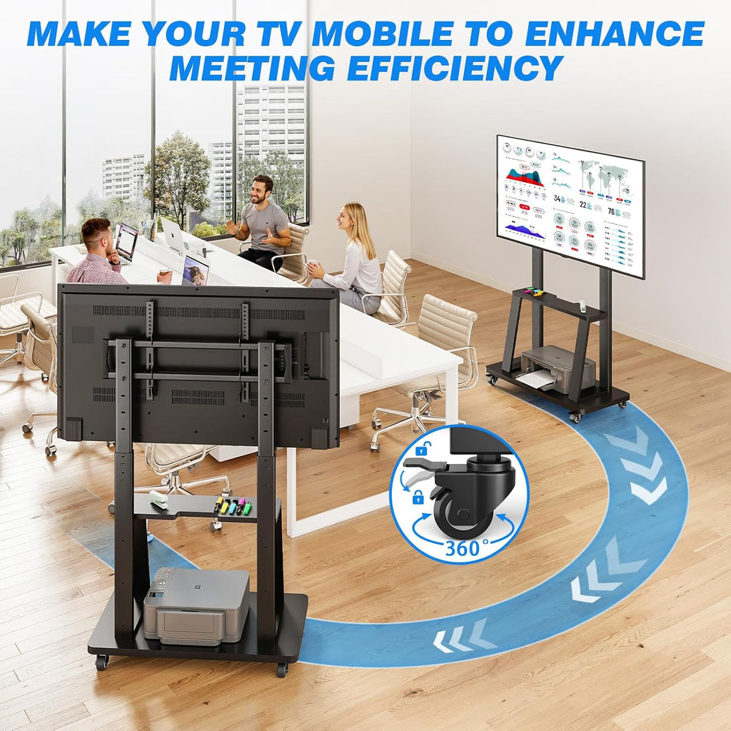 Rfiver Mobile TV Cart Rolling TV Stand for 40-86 inch TVs Up to 200lbs, Heavy-Duty Portable TV Stand on Wheels with 2-Tier Wooden Storage Shelves, Height Adjustable, Max VESA 800x400mm, Black - Image 5