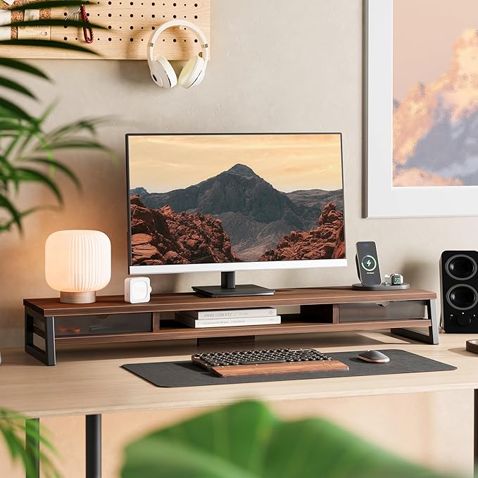 Fenge Dual Monitor Stand Riser, 42.5in Desk Shelf with 2 Drawers, Brown | 2-Tier Monitor Shelf for Desk, Storage Drawer with Stopper, Frosted, fit Home Office, Ultrawide Screen, PC, Laptop, TV - Image 2