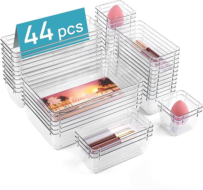 Vtopmart 44 PCS Clear Plastic Drawer Organizers Set, Vanity Organizer Trays | 4-Size Versatile Makeup Organizer, Non-Slip Storage Containers for Makeup, Jewelries, Bedroom，Kitchen Utensils and Office by Vtopmart