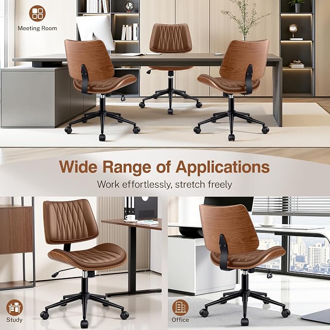 Ergonomic Armless Office Desk Chair - Mid-Century Modern Brown Faux Leather with Diamond Stitch, Adjustable Height Swivel Rolling Task Computer Chair with Walnut Accent for Home Office, Study & Work - Image 8