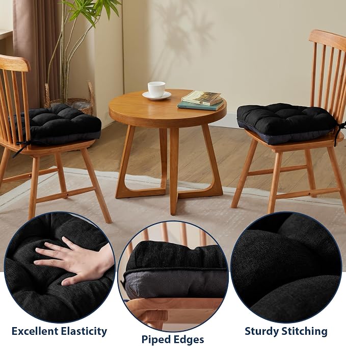 IASEAHK Chair Cushions for Dining Chairs, Seat Cushions for Kitchen Chairs, Indoor Seat Cushions with Ties, Tufted Foam Chair Pads, Non Slip Chair Cushions Set of 6, 15.5" x 15.5" x 4", Black - Image 5