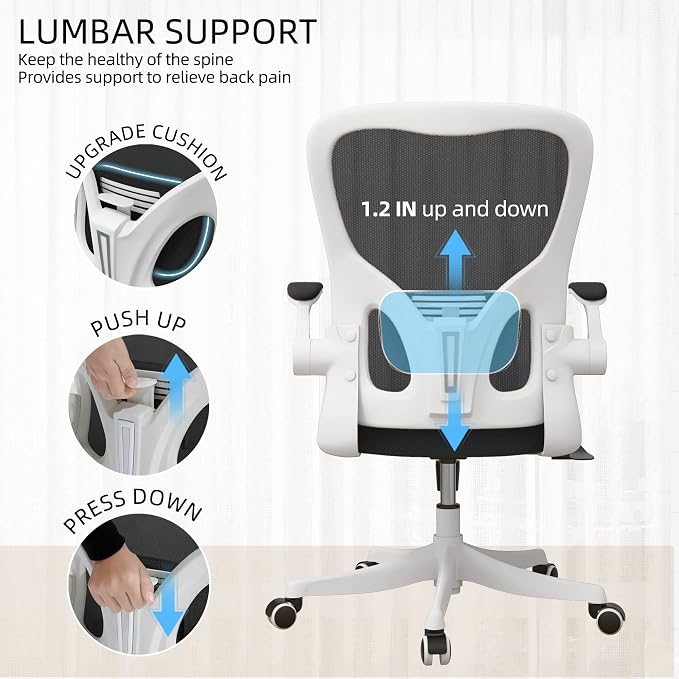 Monhey Office Chair - Ergonomic Office Chair with Lumbar Support & Flip Up Arms Home Office Desk Chairs Rockable High Back Swivel Computer Chair White Frame & Black Mesh Study Chair - Image 6