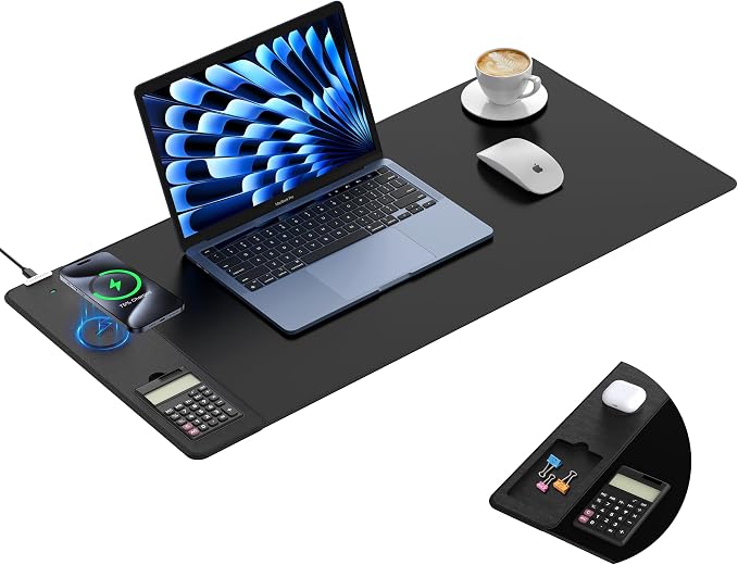 TopMade Mouse Pad with 15W Wireless Charging, Removable 8-Digit Solar Calculator, 31.5" x 15.75" XXL Large Desk Pad, Gaming Computer Keyboard Pad, Waterproof Mousepad Home Office Desk Mat, Black by TopmadeProduct-Ordernow