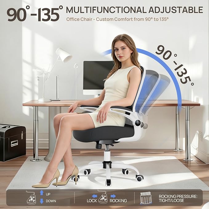 Mimoglad Ergonomic Office Chair - Desk Chair with Flip-up Armrests & 135° Recline, Adjustable Lumbar Support - Space-Saving Task Chair for Business/Team Office & Home (White Frame-Black, 300lbs) | Supports 300 lbs · Seat 19.48"–23.4" · Breathable mesh ... - Image 4