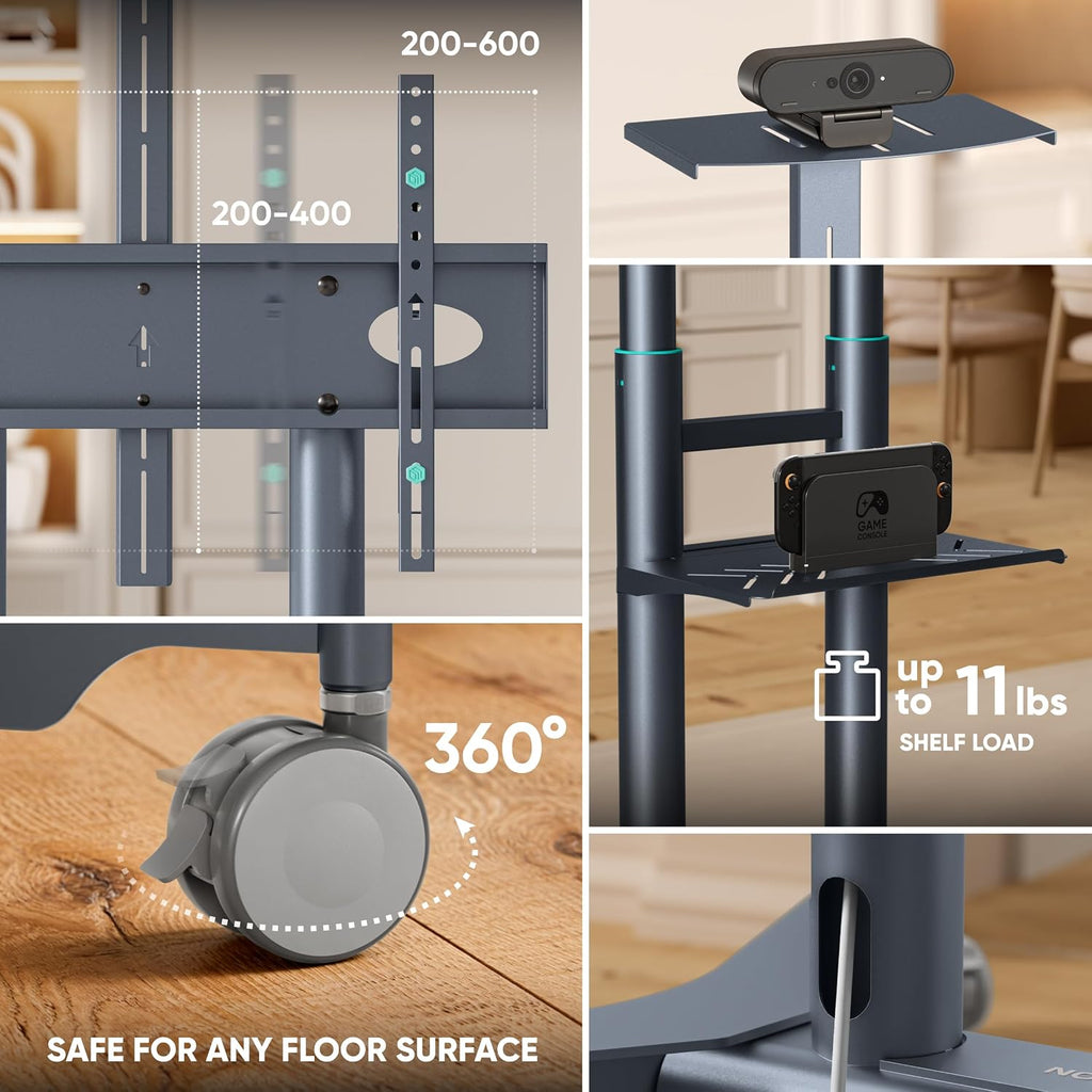 ONKRON Mobile TV Stand on Wheels 32-75", 110 lbs, VESA 600x400, Graphite - Image 4