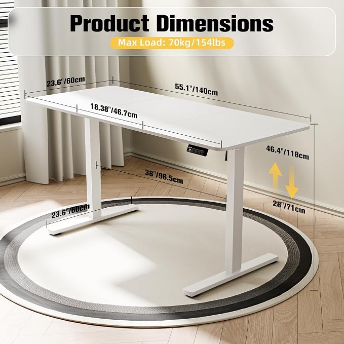 55"x24" Standing Desk, Height Adjustable Sit-Stand Office, White | Electric Adjustable Standing Desk, Sit to Stand Computer Office Desk with Splice Board, Memory Preset, Lifts 28''-46.5" - Image 3