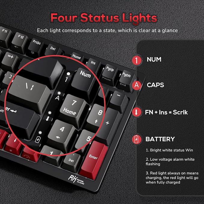 RK ROYAL KLUDGE RK98 Gaming Keyboard, Wireless Mechanical Keyboard 100 Keys Tri-Mode BT5.1/2.4G/USB-C Full Size Hot Swappable Custom Keyboard with Numpad RGB Backlit, Massive Battery, Silver Switch - Image 5