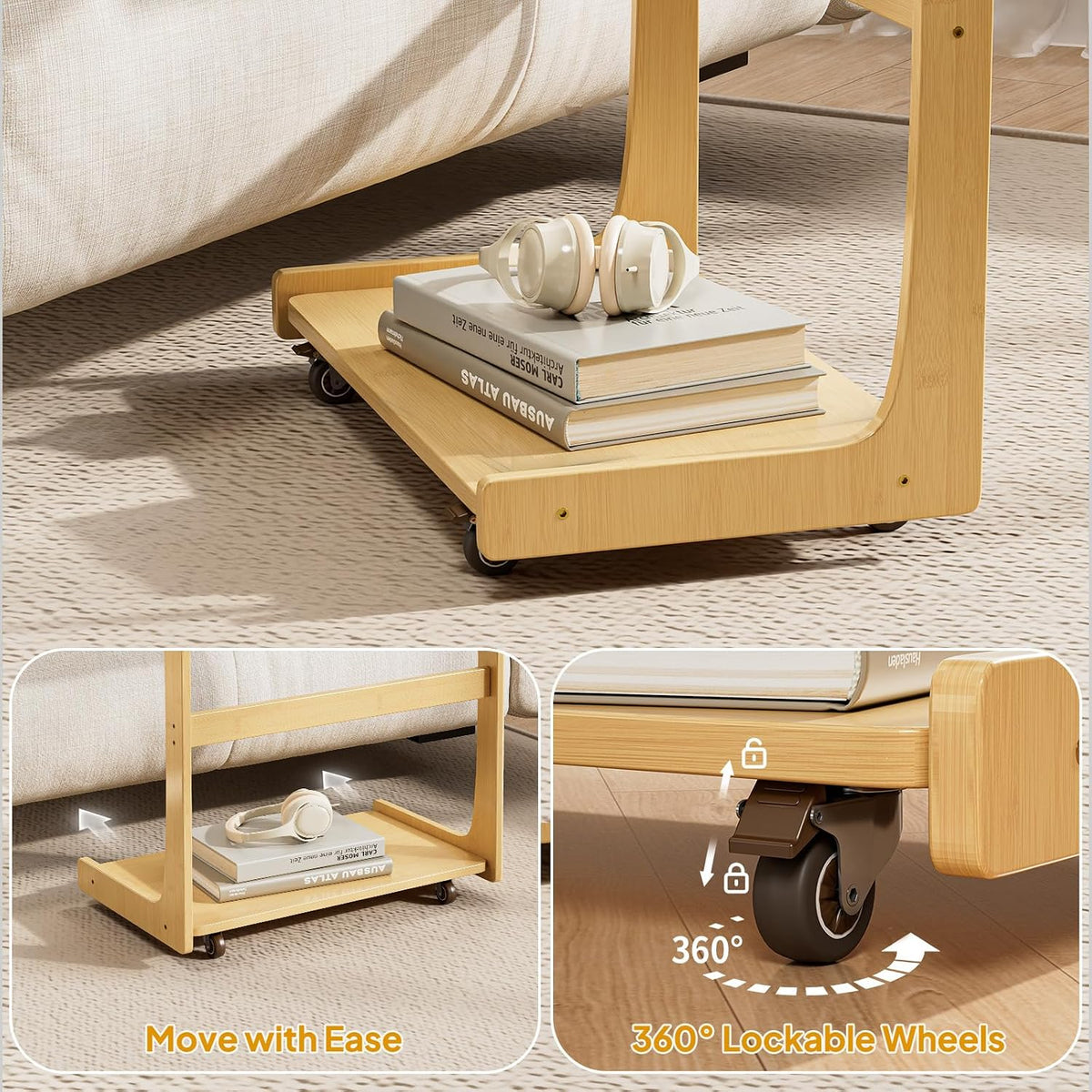 C Shaped Side Table, Rolling Bamboo End Table with Adjustable Tilt Top & Storage Shelf, Small Couch Table with Wheels for Living Room, Bedroom, Natural - Image 8