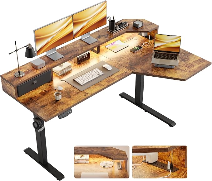 Agilestic 63*35 Inch L Shaped Standing Desk with Shelf & Led& Outlet, Brown | Outlets&Led, Monitor Shelf, L-shape Workspace, Sturdy Steel Frame, Memory Preset, Hooks, 154 lbs, Easy Assembly, Splice Board by Agilestic