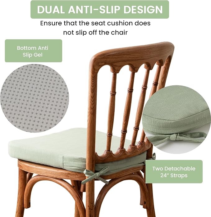 Battilo Chair Cushions for Dining Chairs with Ties, Indoor/Outdoor Kitchen Chair Pad with Non-Slip Backing, Dining Seat Cushion with Machine Washable Removable Cover, 16"x16"x2", Set of 2, Sage Green - Image 5