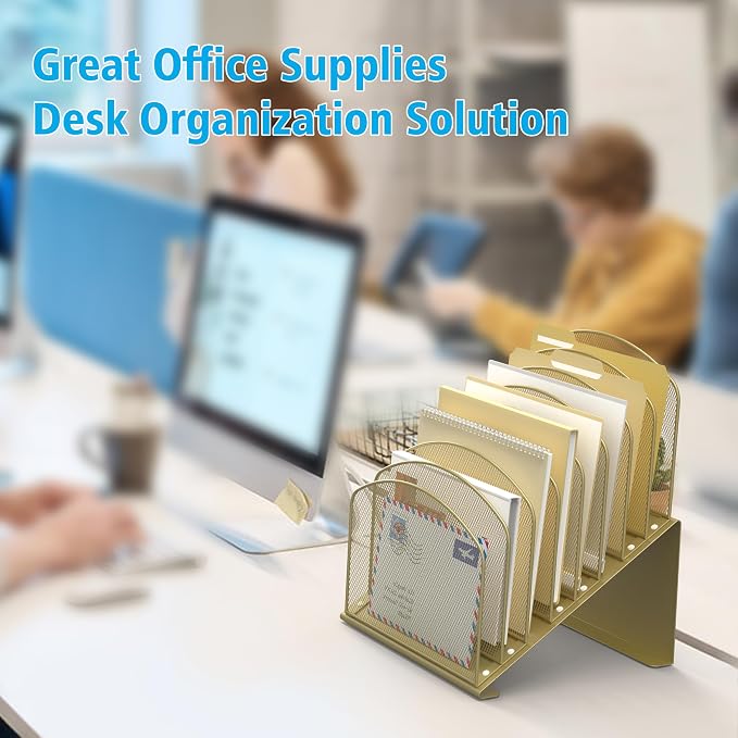 Inclined Desk File Organizer, 8-Section Upright Desk Organizer Standing File Sorter for Office Classroom Desktop Organization (Gold, 8) - Image 7