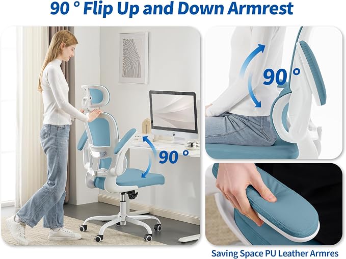 TRALT Ergonomic Office Chair Desk Chair with Adjustable Lumbar Support | Home Office Desk Chairs with Flip-up Armrests & 3D Headrest - Mesh Gaming Chairs for Adults, 330lbs, PU Leather (Blue, 1) - Image 7